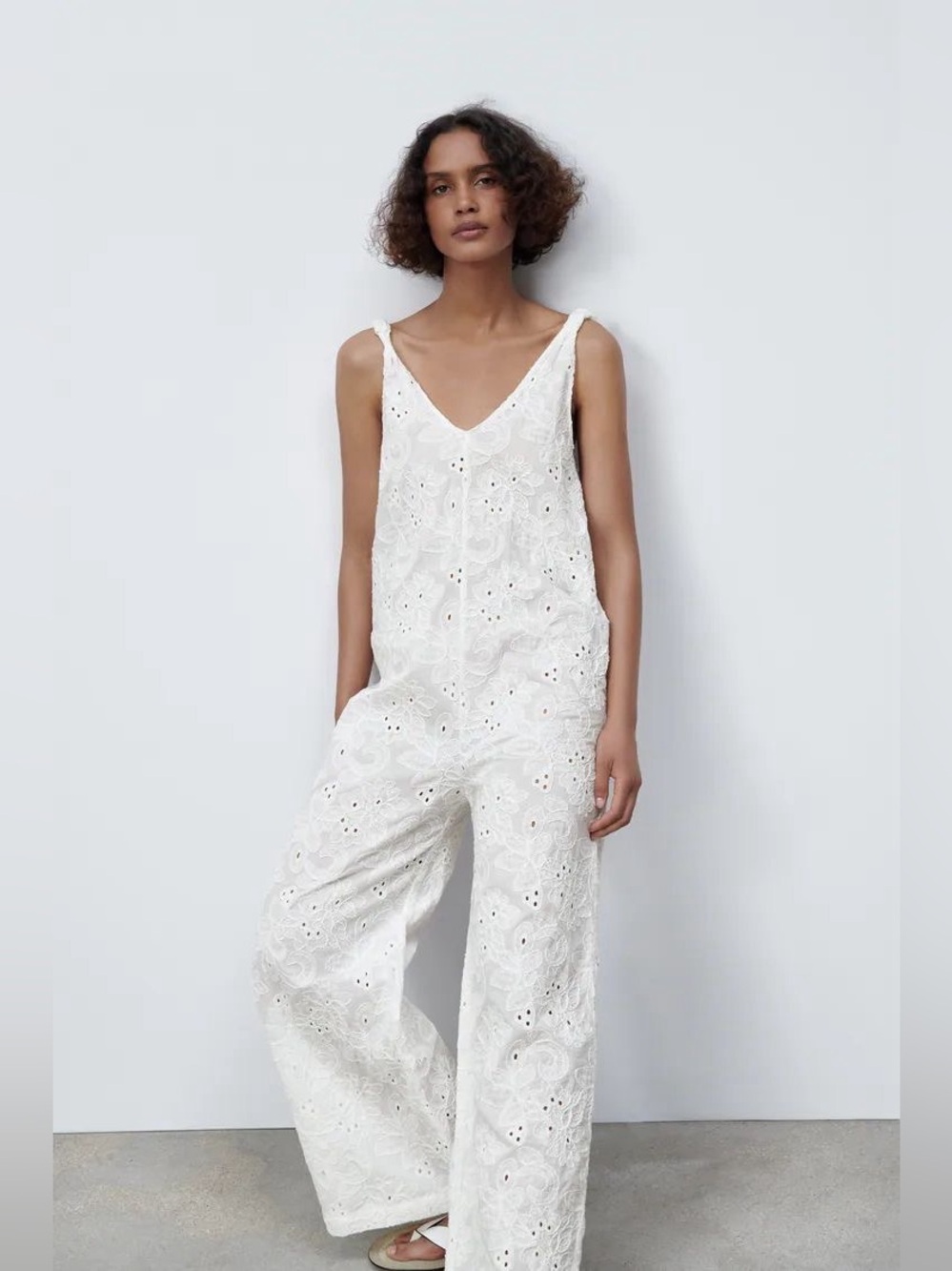 Zara White Eyelet Embroidered Jumpsuit - Size S